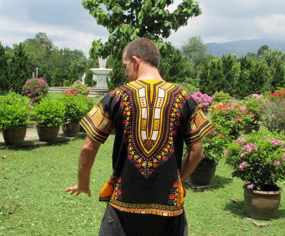 Unisex Bright African Black Dashiki Cotton Shirt, X-Large, Yellow and Orange