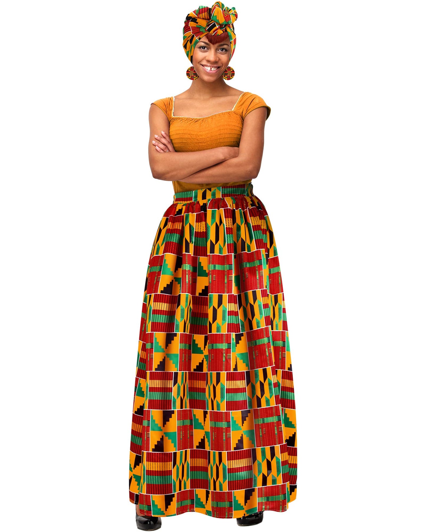 3 Pcs Women African Printed Maxi Skirt A Line Skirt with Pockets AND Accessories
