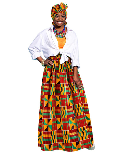 3 Pcs Women African Printed Maxi Skirt A Line Skirt with Pockets AND Accessories